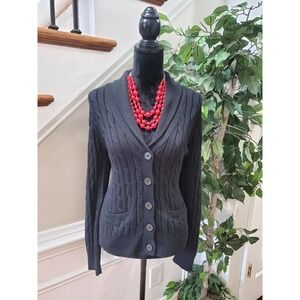 Chaps Women Black 100% Cotton Long Sleeve Buttons Front Cardigan Sweater Size L